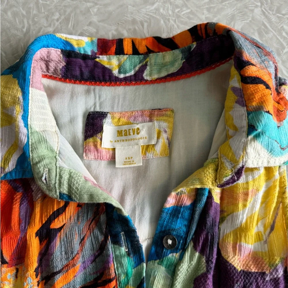 Maeve Anthropologie Zola shirt tunic button up dress floral artsy smocked XSP - Picture 3 of 5